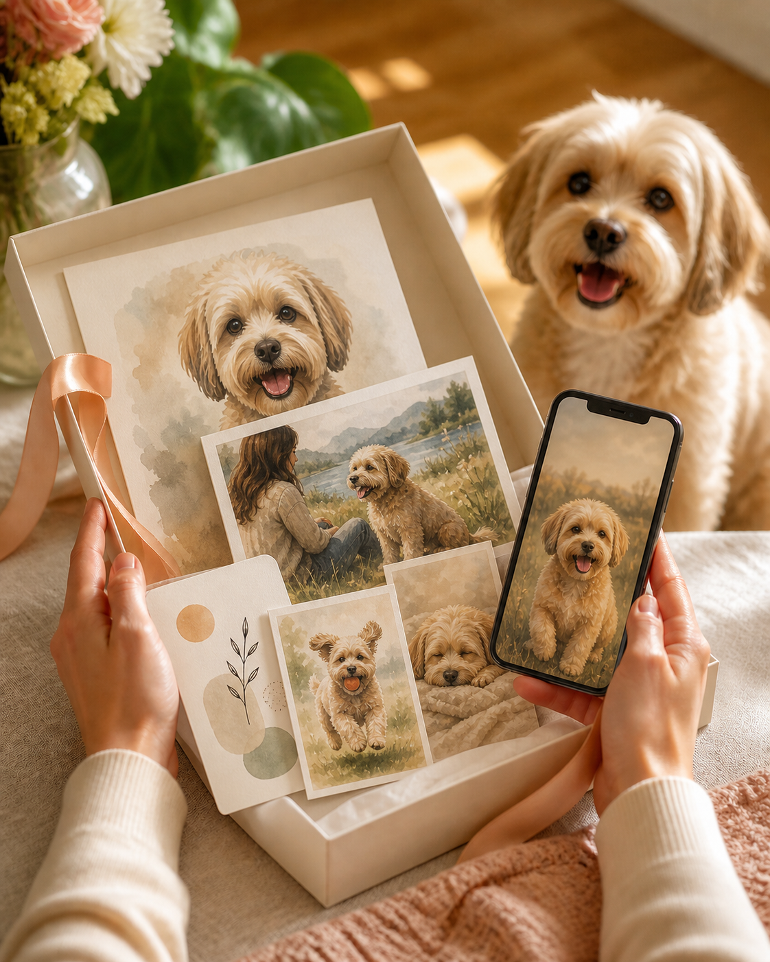 A personalized pet memory gift box with prints and phone wallpaper