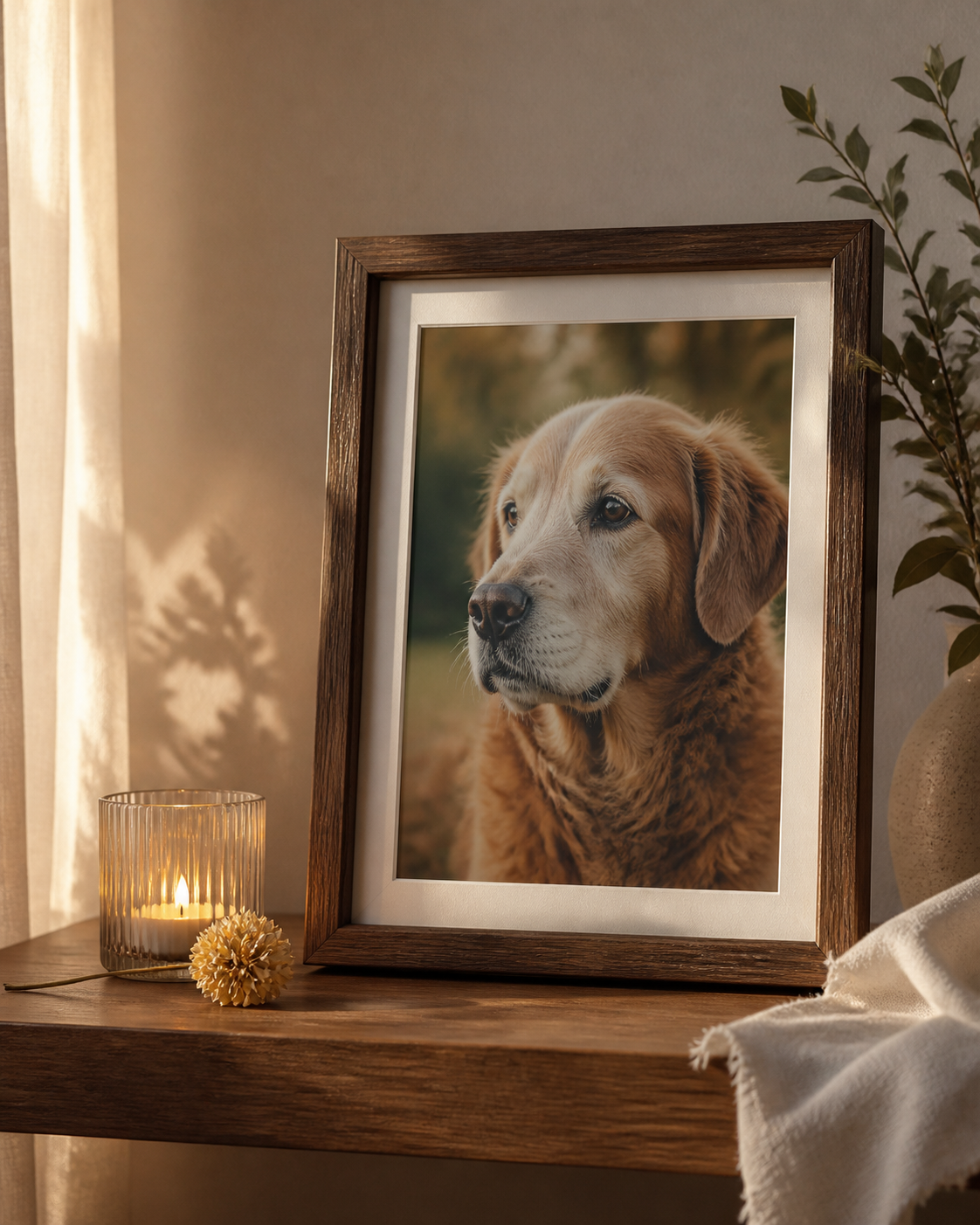 A framed pet portrait in a peaceful home memorial setting
